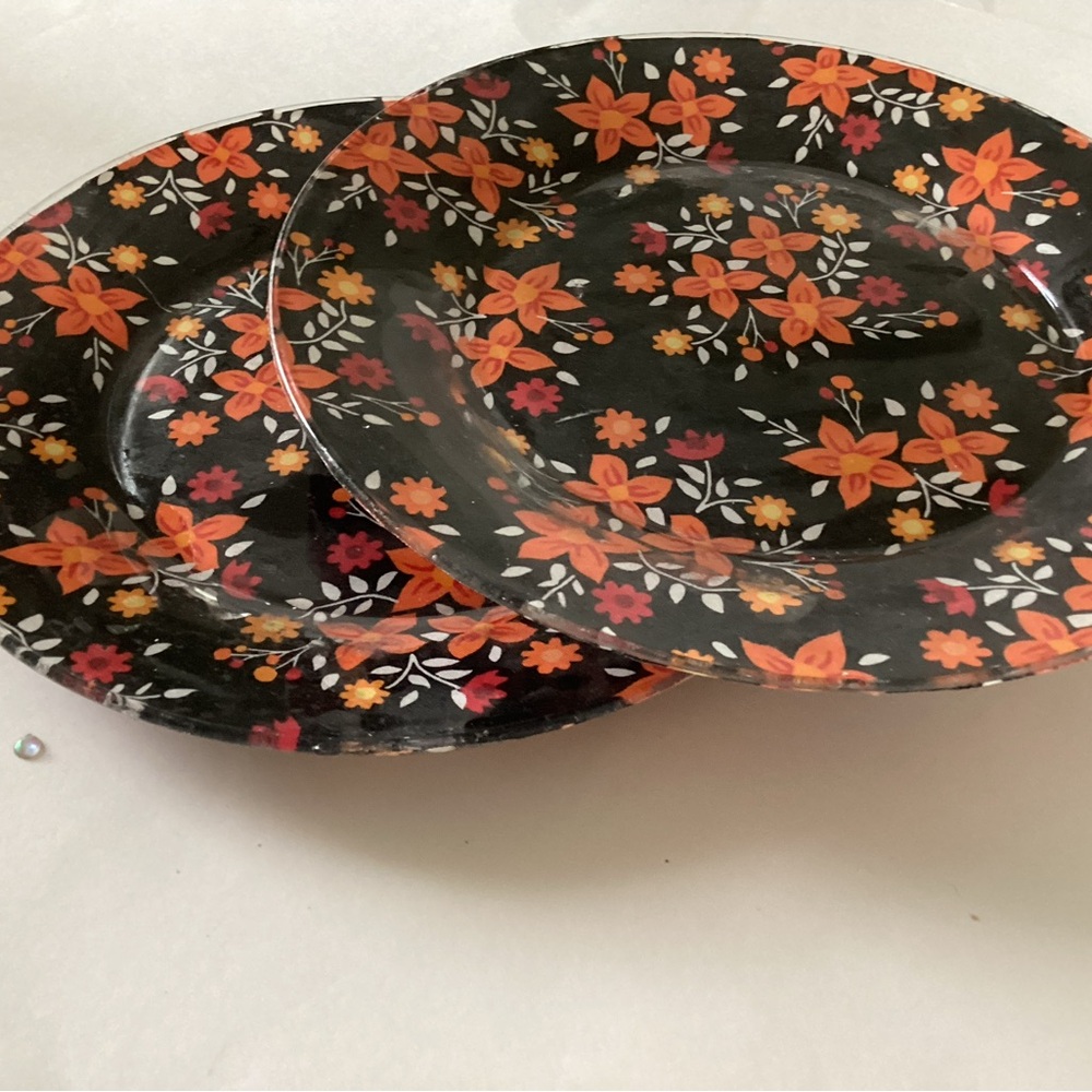 Hand Crafted Black and Orange Floral Plates